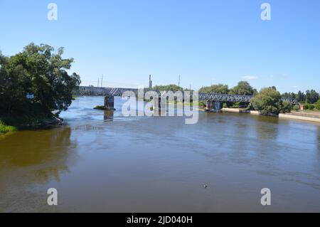 Kostrzyn an der oder, Polen - 10. Juni 2022 - Eisenbahnbrücke über den Fluss Warta. (Foto von Markku Rainer Peltonen) Stockfoto