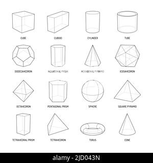 Grundlegende Stereometrie formt Linienreihe aus cuboiden Oktaeder Pyramide Prisma Würfel Kegelzylinder Torus isolierte Vektor-Illustration Stock Vektor