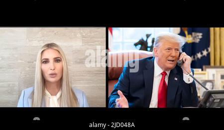 Foto des Weißen Hauses vom 6.. Januar 2021 von Präsident Donald Trump aus dem Nationalarchiv und der aufgezeichneten Aussage von Tochter Ivanka. Video-Zeugenaussagen, die während der Anhörung des Ausschusses des US-Repräsentantenhauses vom 6.. Januar zum Angriff auf das US-Kapitol präsentiert wurden. Stockfoto