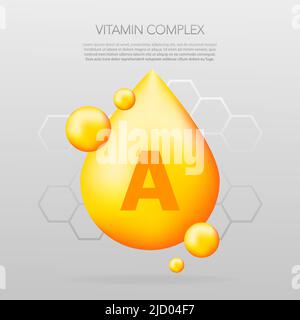 Vitamin A glänzende Kapsel Symbol. Glänzendes goldenes Stofftropfen. Medikamente anzeigen. Beauty Behandlung Ernährung Hautpflege Design. Vektorgrafik. Stock Vektor