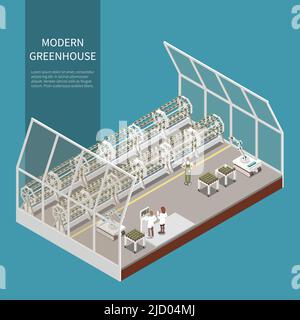 Modernes Gewächshaus isometrisches Konzept mit Landwirtschaftssymbolen Vektordarstellung Stock Vektor