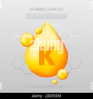 Symbol für die Kapsel mit Vitamin K-Glanz. Glänzendes goldenes Stofftropfen. Medikamente anzeigen. Beauty Behandlung Ernährung Hautpflege Design. Vektorgrafik Stock Vektor