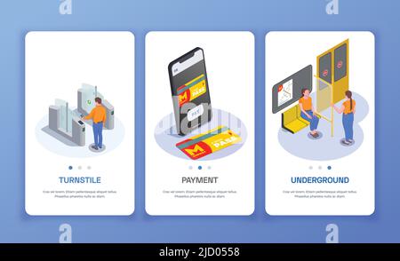 Satz von drei vertikalen Bannern mit Fahrgästen in U-Bahn-Drehkreuz und U-Bahn-Pass isometrische isolierte Vektor-Illustration Stock Vektor