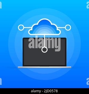 Cloud-Computing-Symbol und Laptop auf blauem Hintergrund. Vektorgrafik. Stock Vektor