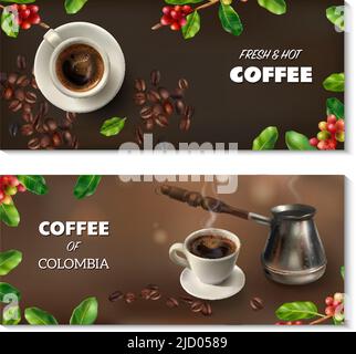 Zwei horizontale realistische Kaffee-Banner-Set mit frisch und heiß und Kaffee von Kolumbien Schlagzeilen Vektor-Illustration Stock Vektor