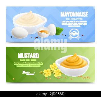 Zwei horizontale Senf realistische Banner-Set mit Mayonnaise und Senfsoße Sammlung Beschreibungen Vektor-Illustration Stock Vektor