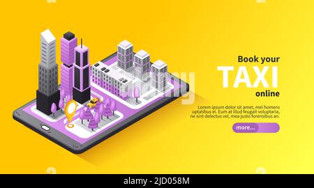 Taxi Transfer Buchung online isometrische Landing Page Design mit 3D Stadtplan auf mobilen Bildschirm Vektor-Illustration Stock Vektor