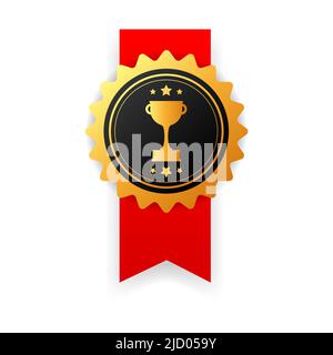 Winnergold-Gummiabzeichen mit rotem Band auf weißem Hintergrund. Realistisches Objekt. Vektorgrafik. Stock Vektor
