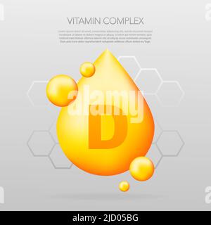 Symbol für die Kapsel mit Vitamin D-Glanz. Glänzendes goldenes Stofftropfen. Medikamente anzeigen. Beauty Behandlung Ernährung Hautpflege Design. Vektorgrafik Stock Vektor