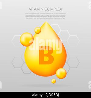 Symbol für die Kapsel mit Vitamin B-Glanzkapsel. Glänzendes goldenes Stofftropfen. Medikamente anzeigen. Beauty Behandlung Ernährung Hautpflege Design. Vektorgrafik. Stock Vektor