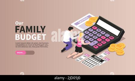 Familienbudget isometrisches horizontales Landing Page-Banner mit Paaren, die monatliche Einkommenssteuern berechnen, Einsparungskosten, Vektordarstellung Stock Vektor