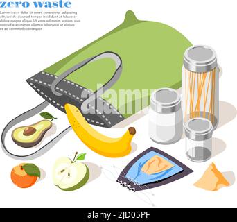 Zero Waste isometrische Zusammensetzung mit umweltfreundlichen Behältern Beutel und Bio-Produkte 3D Vektor-Illustration Stock Vektor