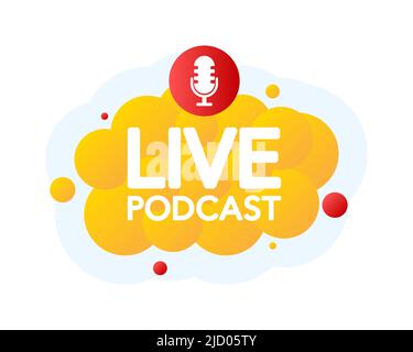 Live Podcast Bubble Banner, gelbes Emblem-Etikett. Vektorgrafik. Stock Vektor