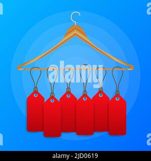 Viele Etiketten auf einem Kleiderbügel auf blauem Hintergrund. Vektorgrafik. Stock Vektor