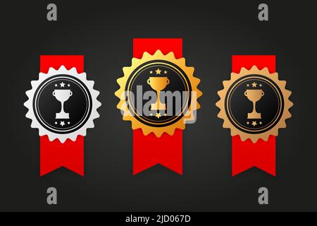 Drei Belohnungen Gewinner Silber, Gold und Bronze Gummi Abzeichen mit rotem Band auf weißem Hintergrund. Realistisches Objekt. Vektorgrafik. Stock Vektor
