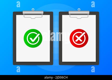 Zwei Tablets mit Ja- oder Nein-Zeichen auf blauem Hintergrund. Vektorgrafik. Stock Vektor