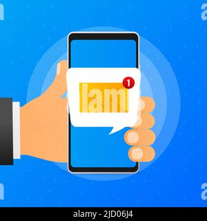 Hand hält Telefon mit Post neue Nachricht auf blauem Hintergrund. Vektorgrafik. Stock Vektor