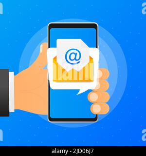 Hand hält Telefon mit Post-Nachricht auf blauem Hintergrund. Vektorgrafik. Stock Vektor