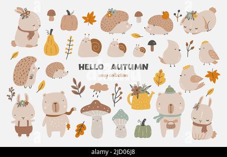 Herbst Set, Herbst Clip Art, Kollektion von Design-Elementen mit Blättern, Kürbissen, niedlichen Tieren, Pilzen und anderen. Handgezeichneter kindlicher Vektor Stock Vektor