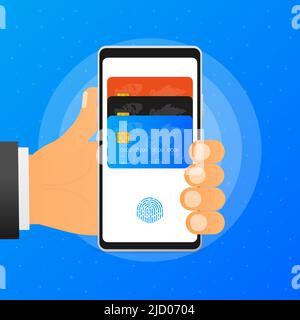 Hand hält Telefon mit kontaktlosen Zahlungsmethoden Mobile auf blauem Hintergrund. Vektorgrafik. Stock Vektor