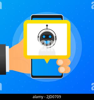 Hand hält Telefon mit Chat mit bot auf blauem Hintergrund. Vektorgrafik. Stock Vektor