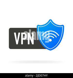 Flaches blaues sicheres VPN-Etikett auf weißem Hintergrund. Vektorgrafik. Stock Vektor