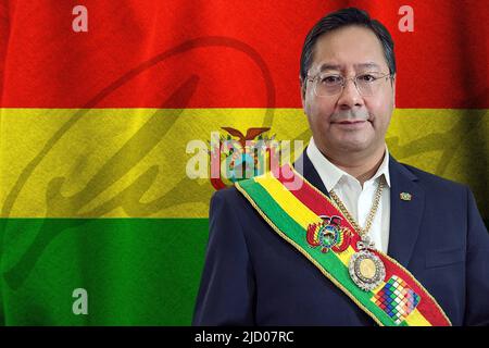 Luis Arce, bolivianische Flagge und Unterschrift Stockfoto