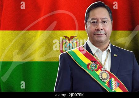 Luis Arce, bolivianische Flagge und Unterschrift Stockfoto