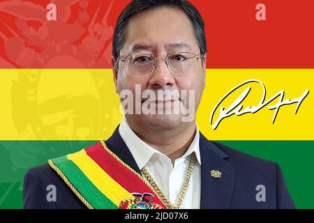 Luis Arce, Flagge und Wappen Boliviens und Unterschrift Stockfoto