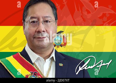 Luis Arce, Flagge und Wappen Boliviens und Unterschrift Stockfoto