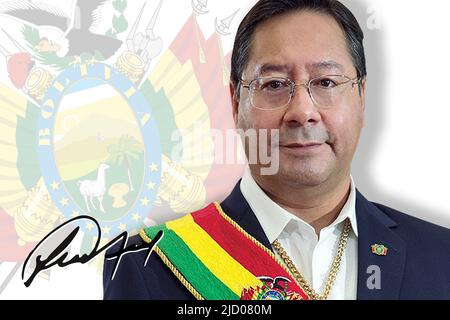 Luis Arce, Wappen Boliviens und Unterschrift Stockfoto