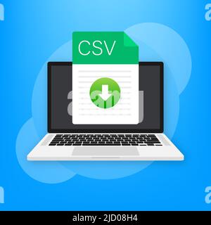 CSV-Dateisymbol mit Laptop. Dokumenttyp der Tabelle. Modernes flaches Design grafische Illustration. Vektor-CSV-Symbol. Stock Vektor