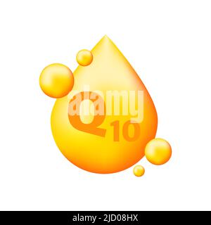 Vitaminkomplex Q10 mit realistischem Tropfen auf grauem Hintergrund. Partikel von Vitaminen in der Mitte. Vektorgrafik. Stock Vektor