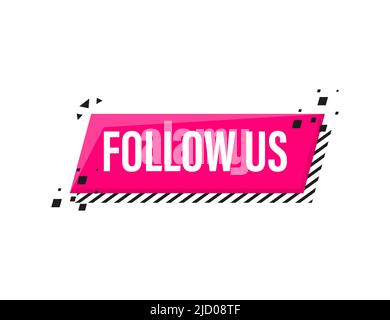 Folgen Sie uns Megaphon rosa Banner im 3D Stil auf weißem Hintergrund. Vektorgrafik. Stock Vektor