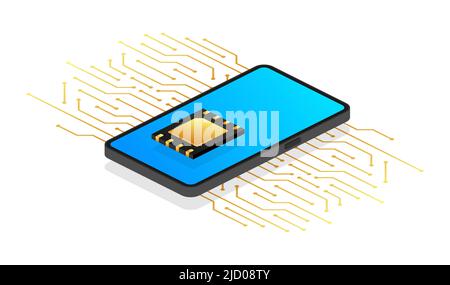 Digital e sim Chip Hauptplatine digitaler Chip. Moderne Ikone. Weißer Hintergrund. Vektorvorlage. Symbol für Kommunikation. Stock Vektor