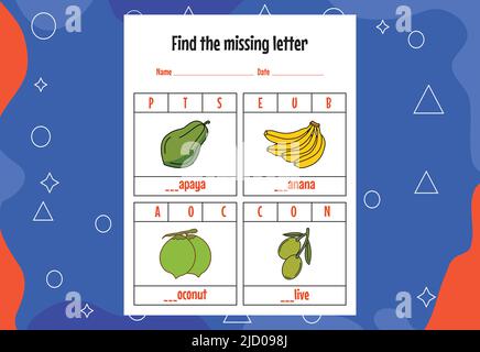 Finde den fehlenden Buchstaben. Schulungs-Rechtschreibung Arbeitsblätter für Kinder. Aktivitätsseite. Stock Vektor