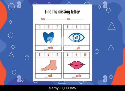 Finde den fehlenden Buchstaben. Schulungs-Rechtschreibung Arbeitsblätter für Kinder. Aktivitätsseite. Stock Vektor