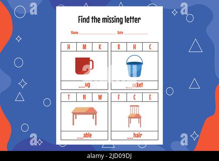 Finde den fehlenden Buchstaben. Schulungs-Rechtschreibung Arbeitsblätter für Kinder. Aktivitätsseite. Stock Vektor