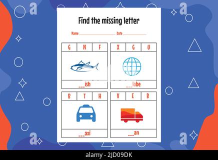 Finde den fehlenden Buchstaben. Schulungs-Rechtschreibung Arbeitsblätter für Kinder. Aktivitätsseite. Stock Vektor