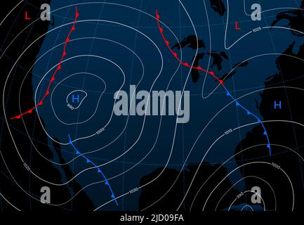 Vorhersage Wetter Isobar Karte, Meteorologie Wind Front Vektor-Diagramm. Grafische Darstellung der Oberflächenwetteranalyse mit atmosphärischen Druck-Isobaren, Temperatur-Isothermen und Kaltfrontgrenze Stock Vektor