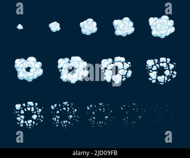 Cartoon Rauch Explosion, Spiel sprite Asset und animieren Effekt, Vektor Wolken. Dampf- oder Bombennebel Explosion des Booms explodieren mit Puff- und Dampf- oder Pulverrauchexplosion und Schusswolke für Comic-Animationen Stock Vektor