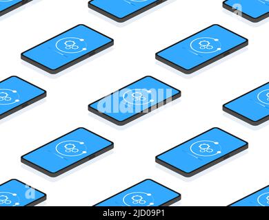 Datenaktualisierung oder Synchronisierung mit Balkenprozess. Update auf Laptop und Smartphone. Isometrische Abbildung. Stock Vektor