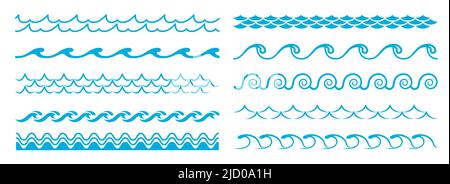 Ocean Blue Wave Line, Wasser Muster Ränder und Rahmen. Vektor-Wellen-Trennwände mit welligen Ornamenten aus stürmischem Wasser, nautischen Rahmenlinien von sommerlichen Strand-Surf-Kurven und Wirbeln, Seitenverzierungen Stock Vektor