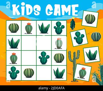Mexikanische Kakteen in der Wüste. Sudoku Kinder Spiel Arbeitsblatt, Kindergarten Kinder logische Quiz, Kind pädagogische Rätsel oder Sudoku Puzzle Vektor-Vorlage mit Cartoon Kakteen Pflanzen Stock Vektor