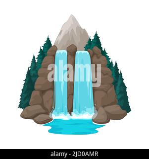 Cartoon Wasserfall Element der Naturlandschaft für Spiel Asset Web-Design. Vektorklippe mit Wasserfallfluss, Berg- und Waldlandschaft Stock Vektor