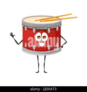 Cartoon lustige Trommel Charakter mit Sticks, isolierte Vektor-Percussion-Instrument. Lustige Märchenmusik mit Drumsticks. Musikschule, Bildungskurse für Kinder, Performance oder Konzert Stock Vektor