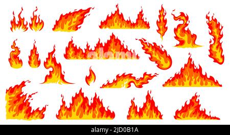 Cartoon Feuer Flammen, Lagerfeuer und brennende Wildfeuer oder Firewall, Vektor-Symbole. Rote heiße Flammen des Lagerfeuers, Feuerbälle oder brennende Fackelwärme, brennbare Symbole und brennende Firewall-Effekte Stock Vektor