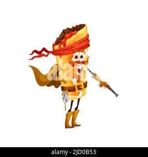 Cartoon mexikanische Chimichanga Piraten Charakter. Vector tex Mex corsair Food-Personage mit Pistole für Kinder-Menü. Fastfood tragen Umhang und Bandana. Lustige Filibuster Snack, Mahlzeit von Mexiko Stock Vektor