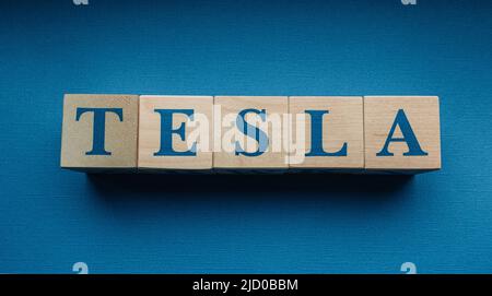 31. Januar 2022. Austin, Texas. Der Name der Firma Tesla, aus Holzwürfeln angelegt. Stockfoto