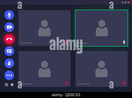 Videocall-Schnittstelle, UI-Vorlage für Videoanruf oder Vektor-Overlay für Konferenz-Chat. Videocall-Mockup mit Zoom-Symbolen für Online-Videoanruf in Mobiltelefon- oder Computer-Webinaren und Video-Chat-App Stock Vektor